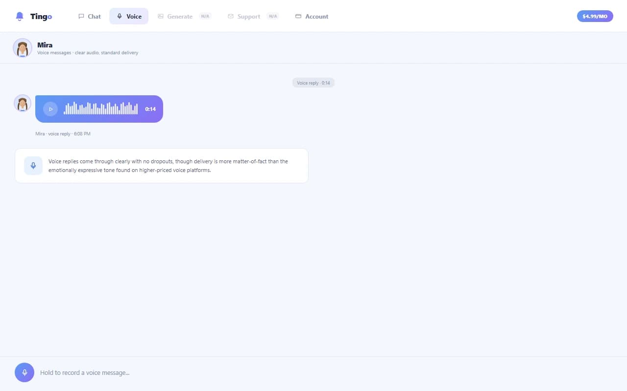 Tingo voice message interface with waveform and duration
