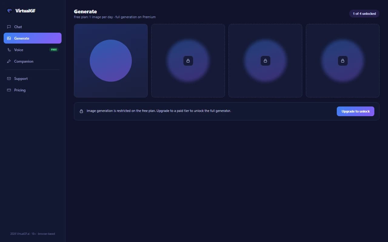 VirtualGF image generation screen showing one unlocked free result and locked tiles requiring an upgrade VirtualGF image generation screen showing one unlocked free result and locked tiles requiring an upgrade
