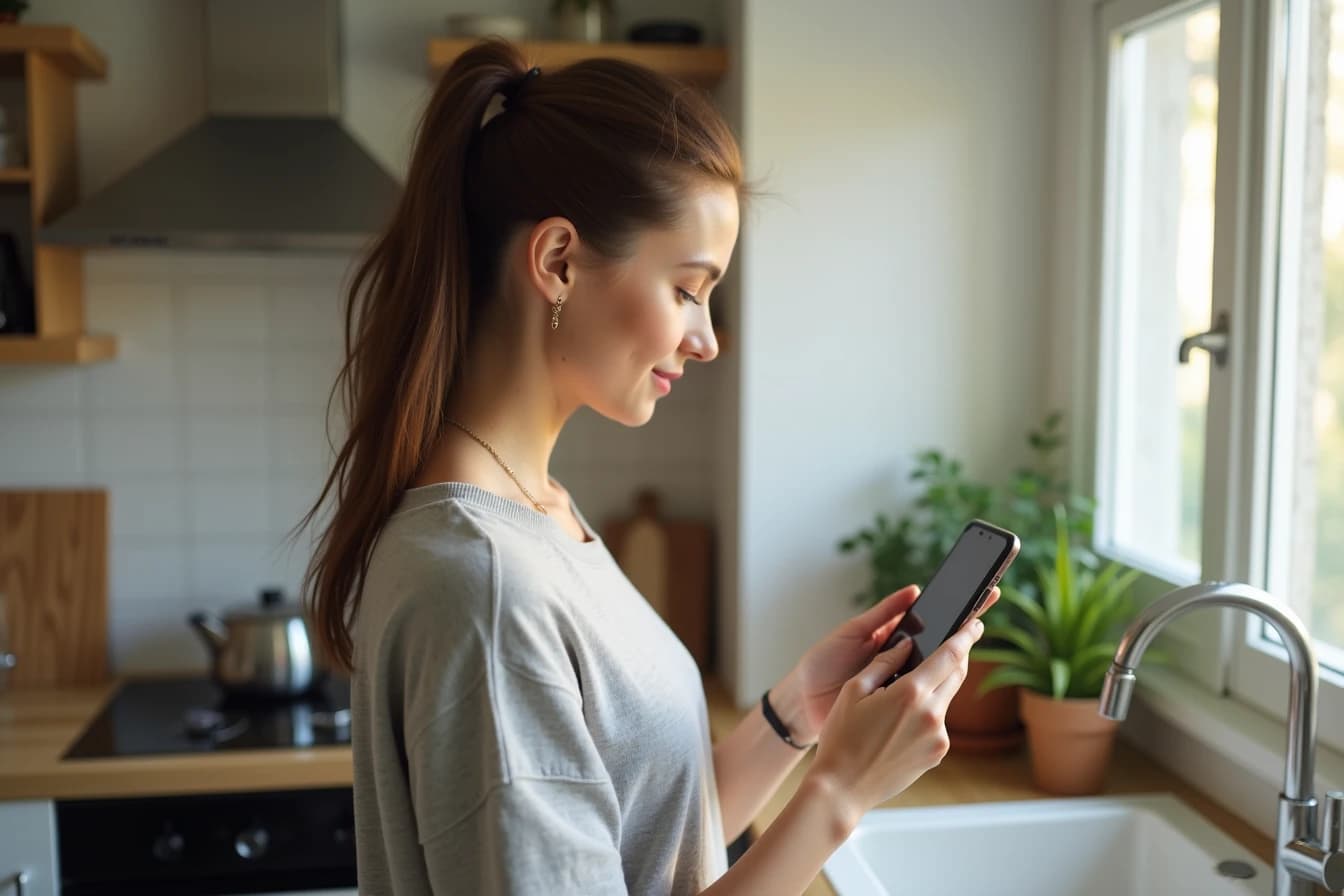Woman standing at a kitchen counter adjusting settings on her smartphone