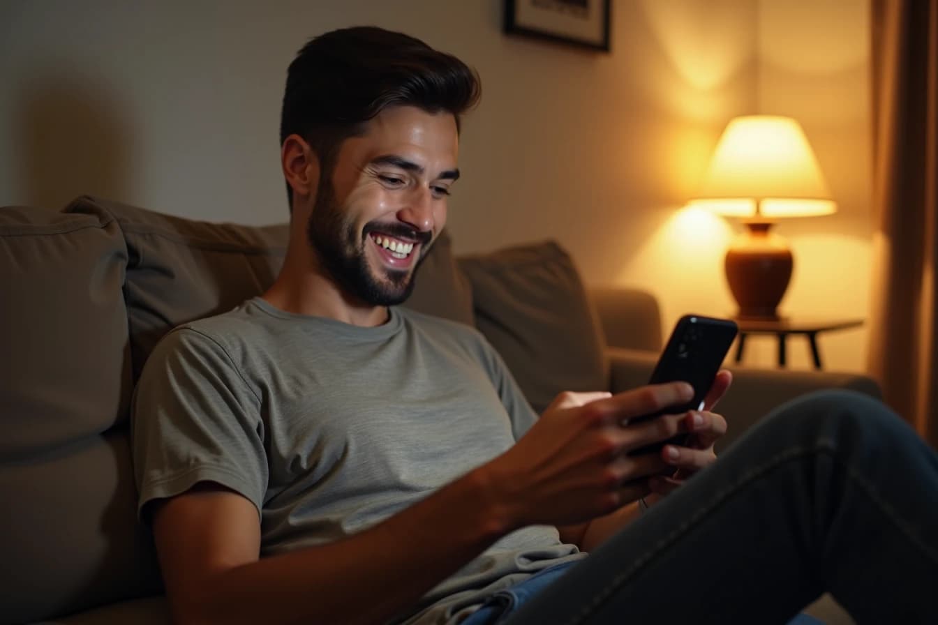 Man smiling while chatting with an AI girlfriend app on his smartphone at home