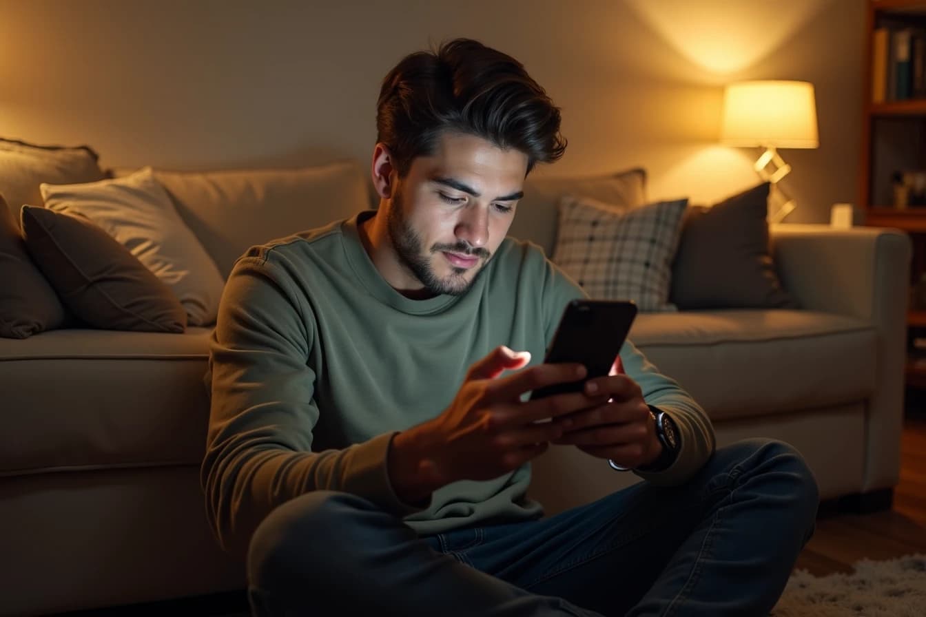 Man sitting on the floor leaning against a couch in a softly lit apartment, looking at his phone