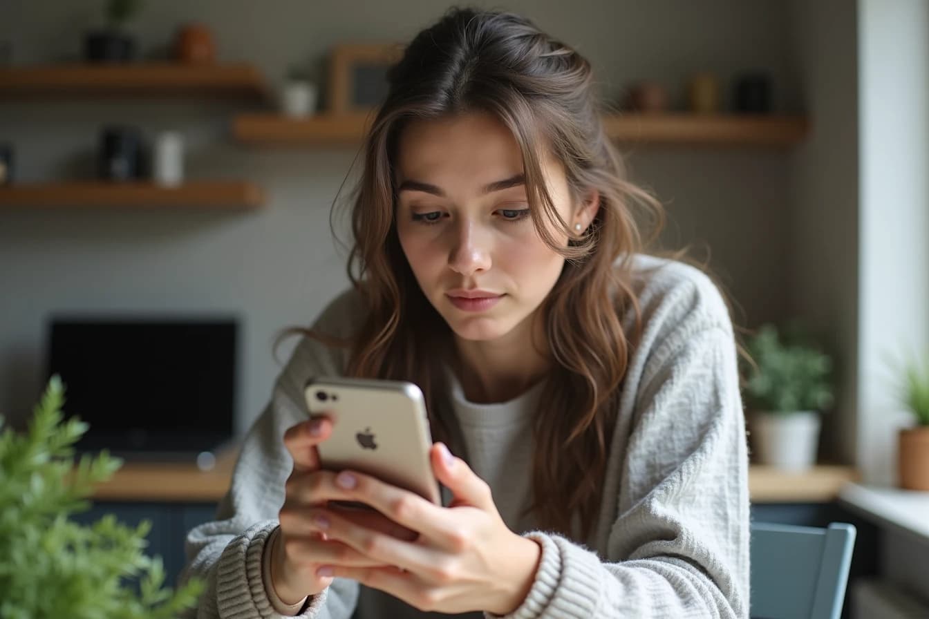 Woman sitting at a home desk looking carefully at her smartphone screen