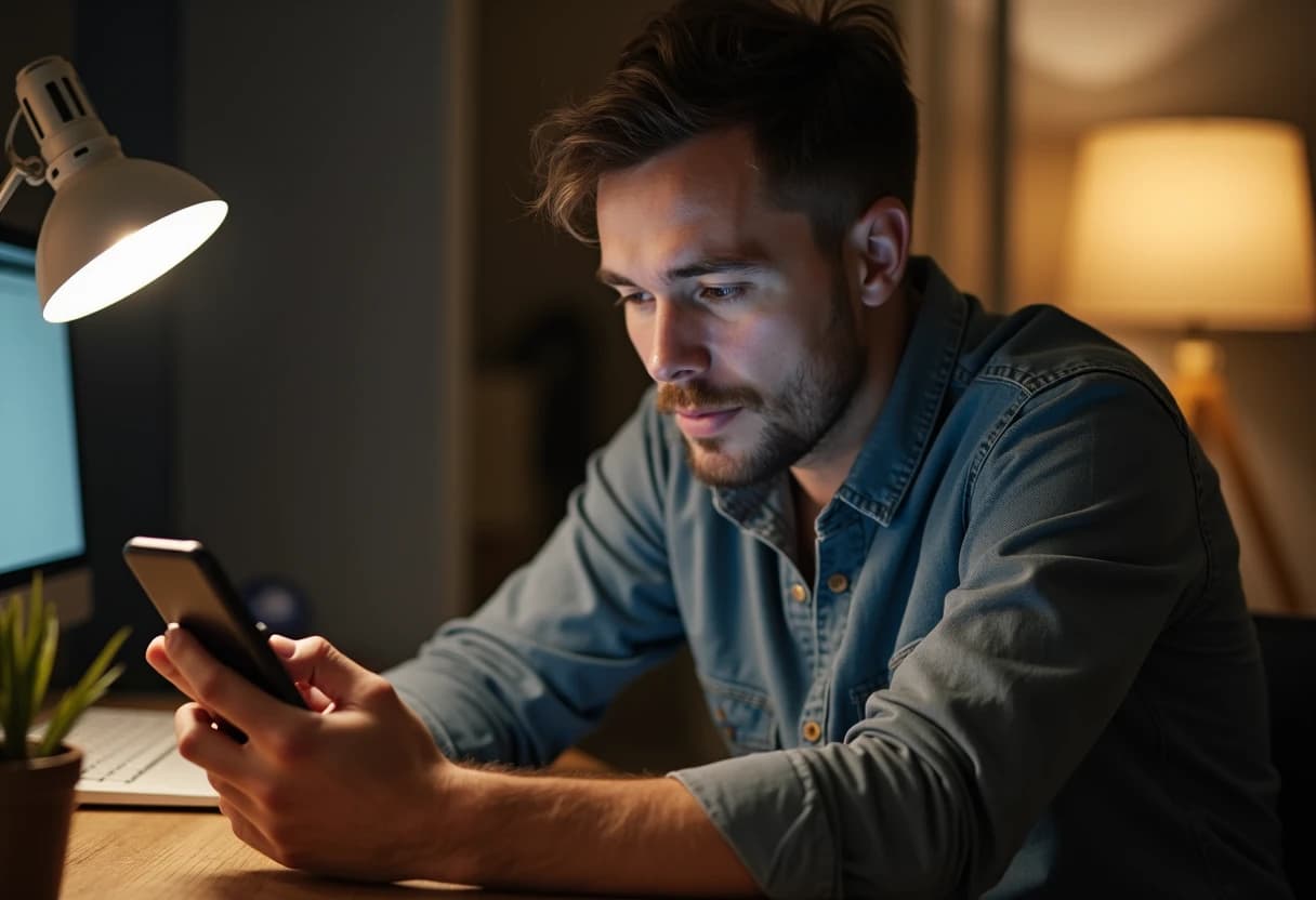 Man at a home office desk looking carefully at his smartphone screen with a scrutinizing expression