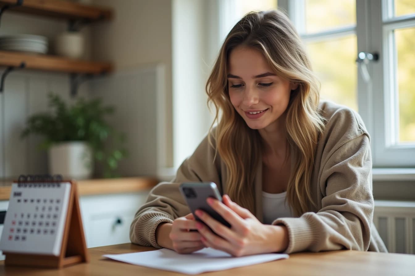 Woman at a kitchen table checking her smartphone next to a small desk calendar