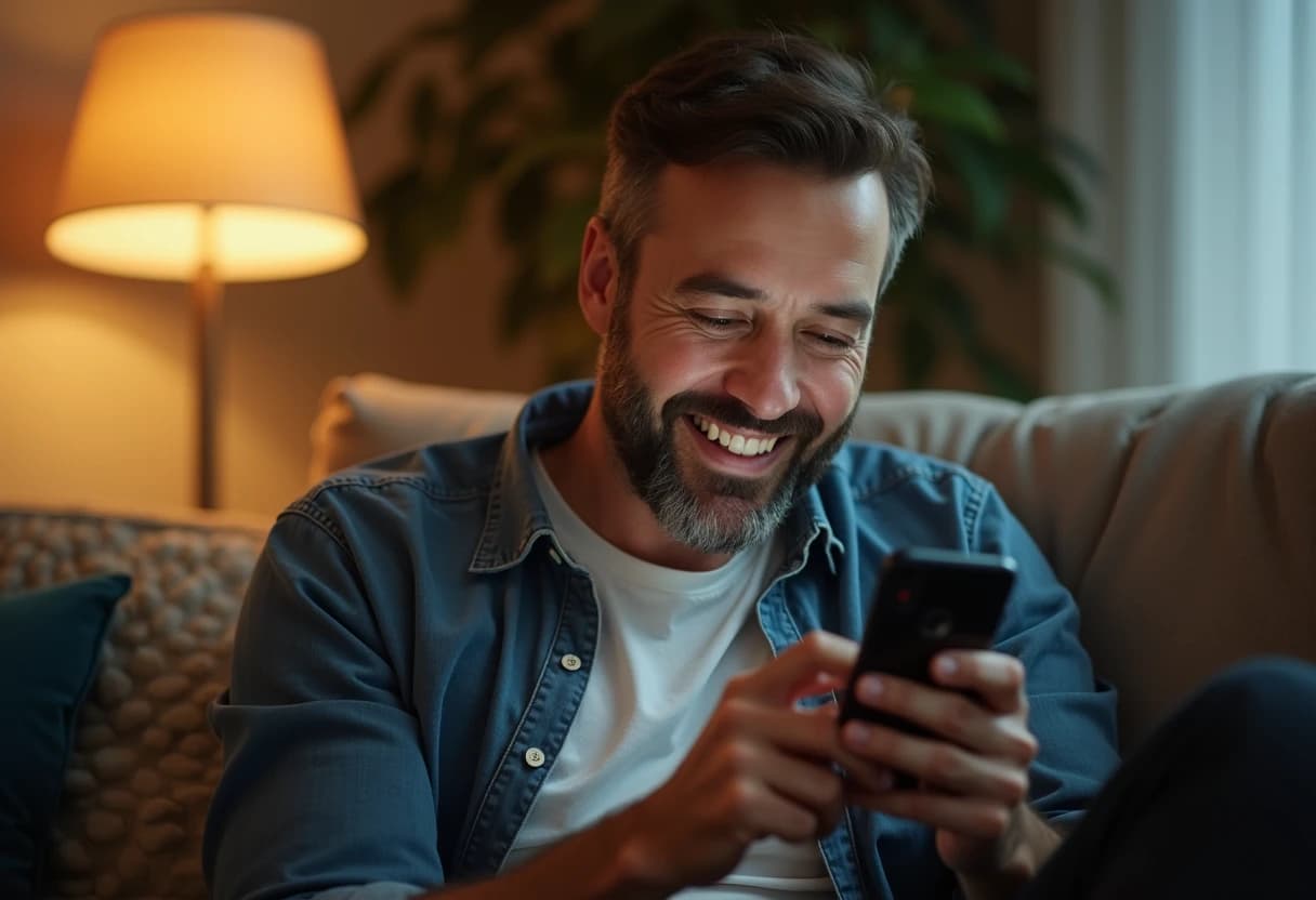 Man sitting on a couch looking at his smartphone with a pleased, satisfied expression