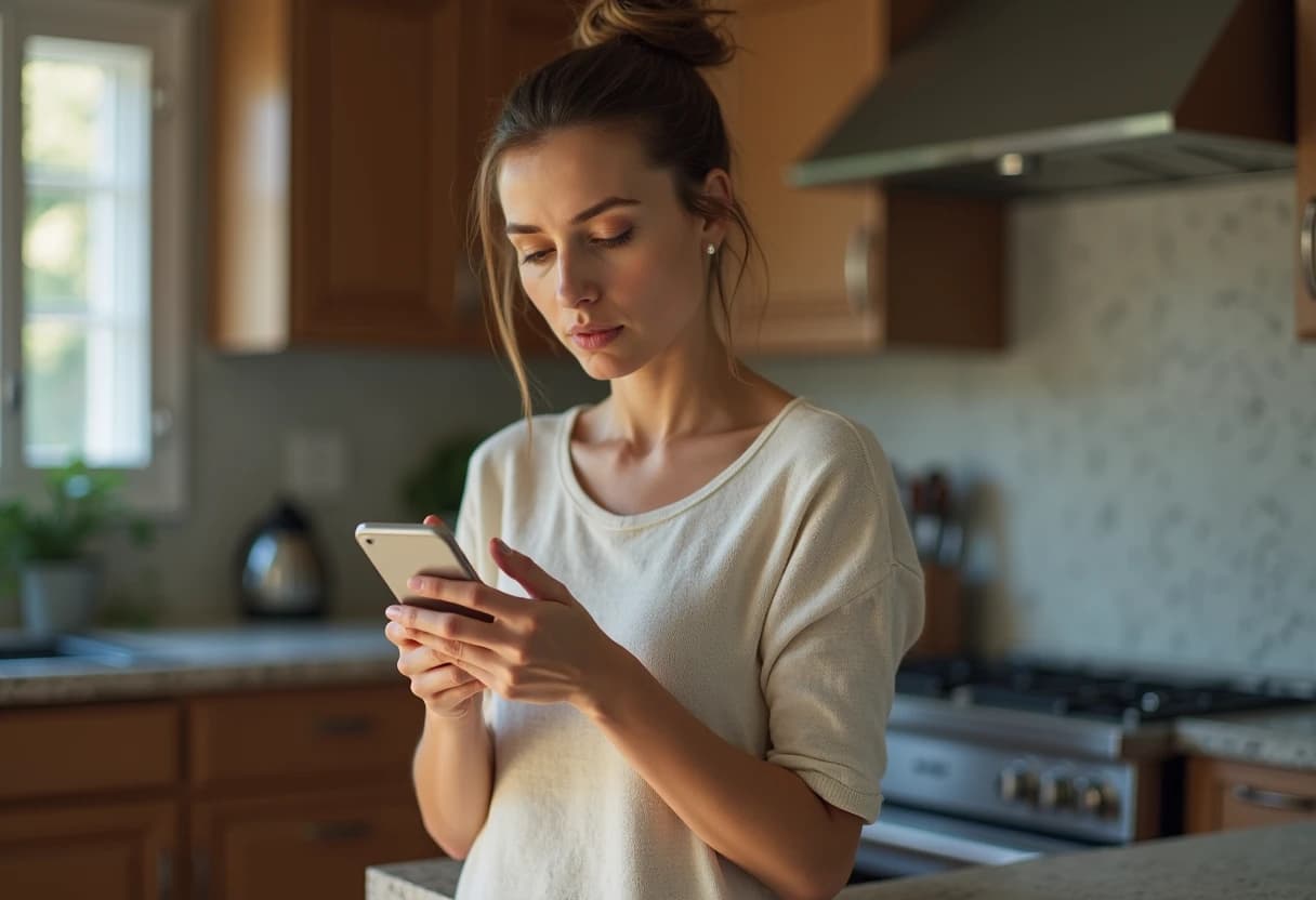 Woman standing in a kitchen looking at a smartphone notification with a concerned expression