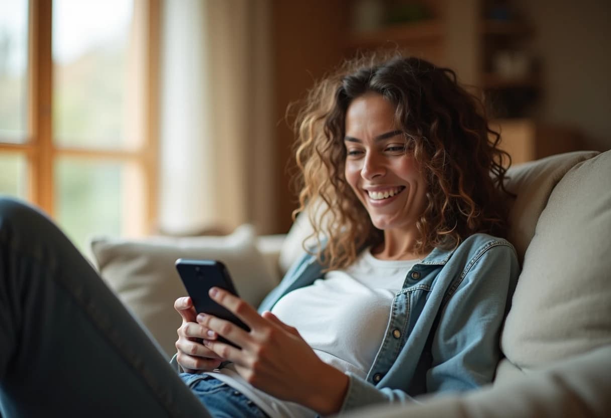 Person smiling contentedly while using a smartphone at home