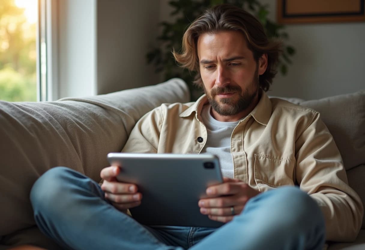 Person sitting cross-legged on a couch filling out profile details on a tablet