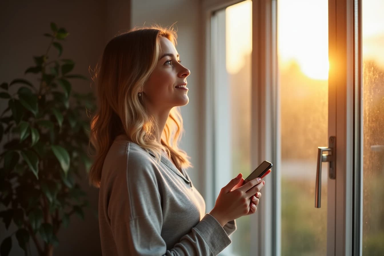 Woman standing by a window holding her phone, looking thoughtfully outside