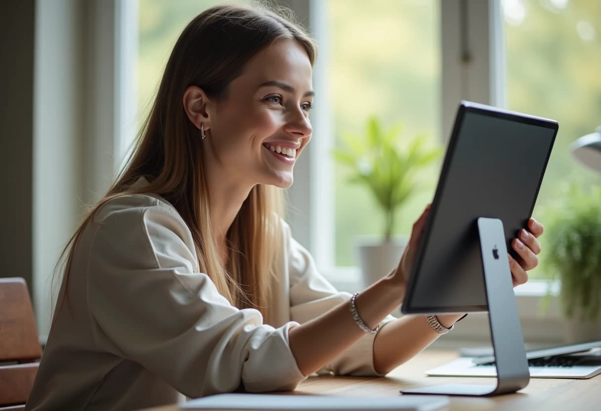 Woman at a desk having a video call on a tablet propped up on a stand