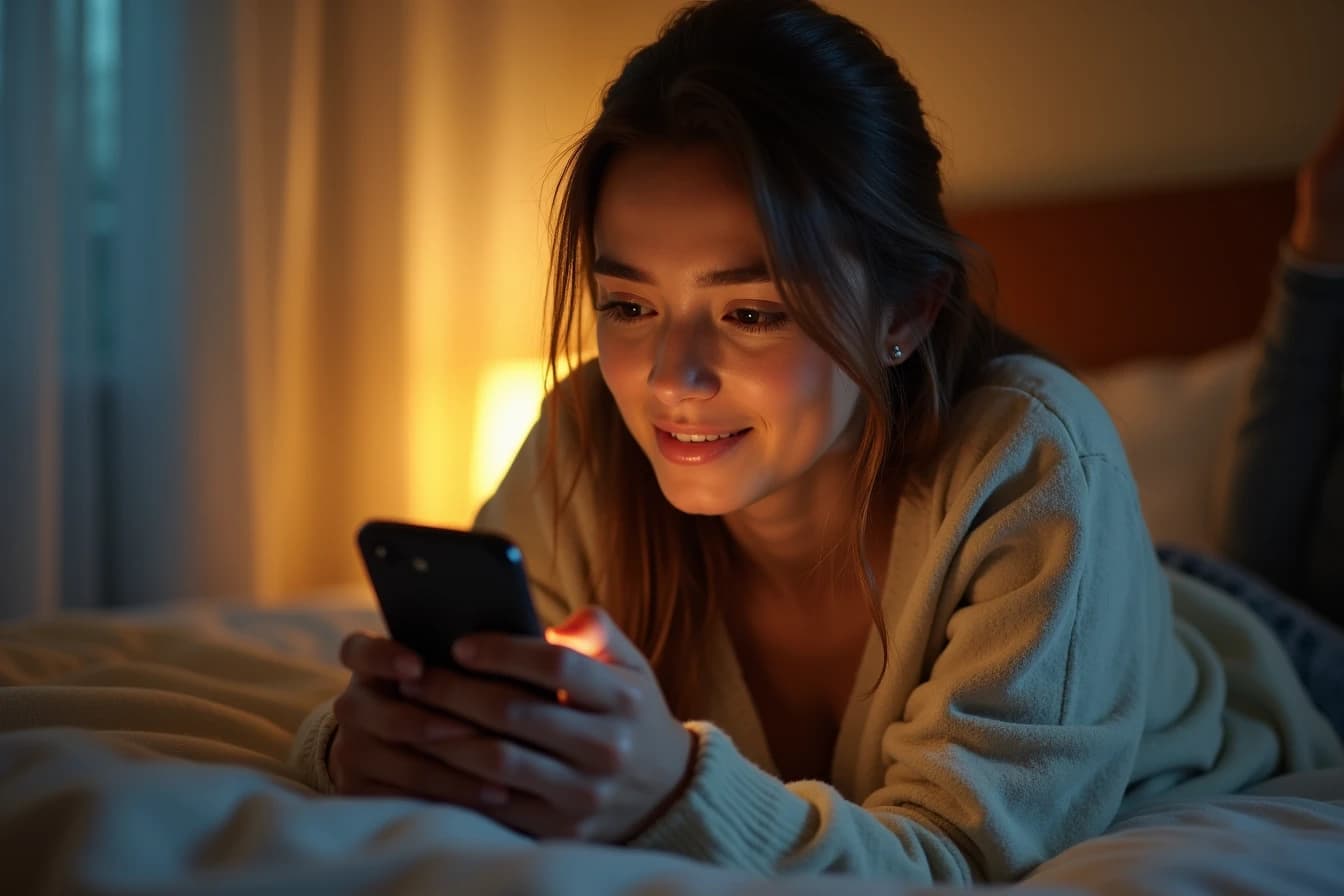 Woman lying on a bed scrolling slowly through her smartphone with a nostalgic expression