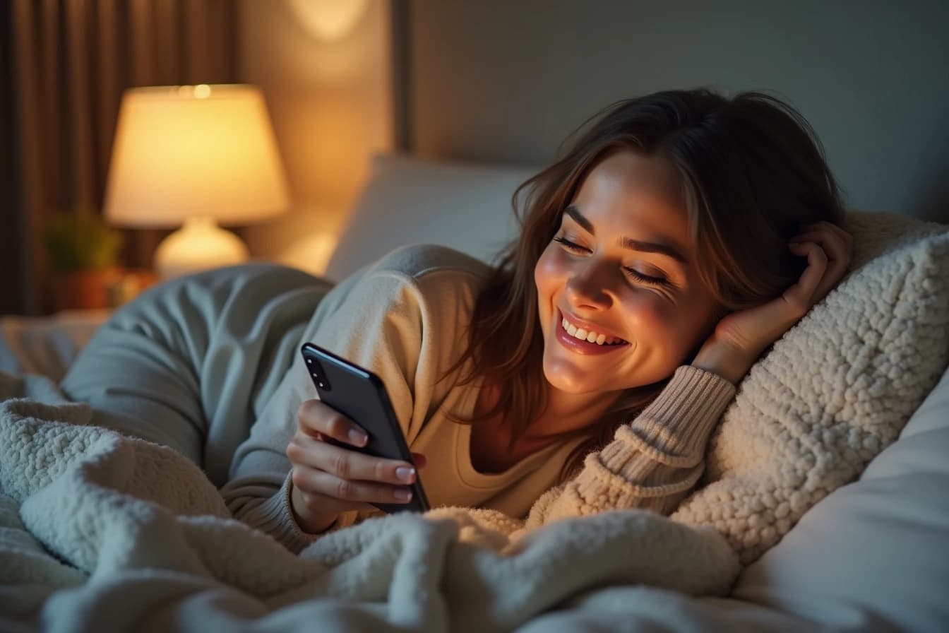 Woman lying in bed scrolling through a long conversation history on her smartphone with a content smile