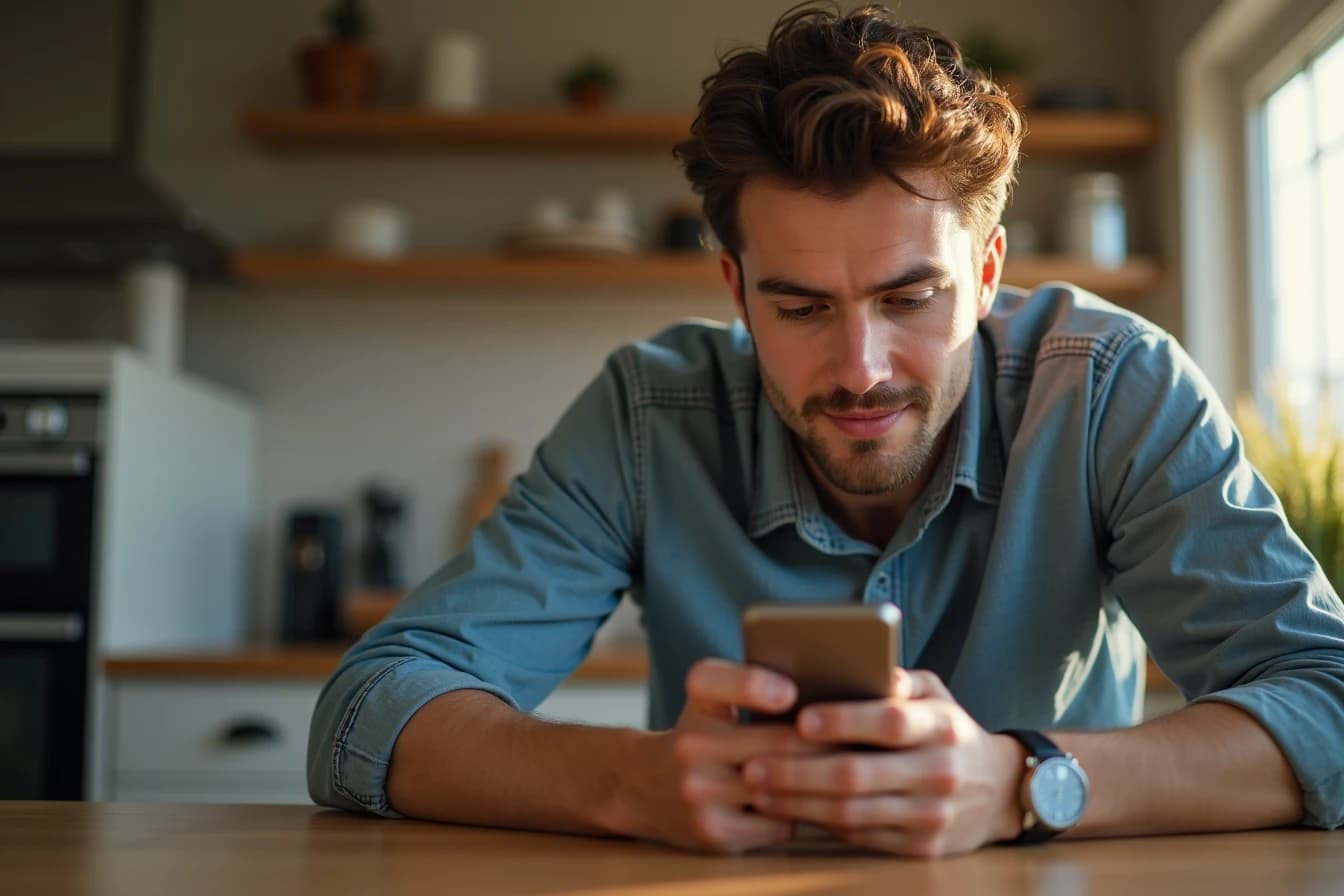 Man at a kitchen counter looking at a calendar app alongside a messaging app on his smartphone