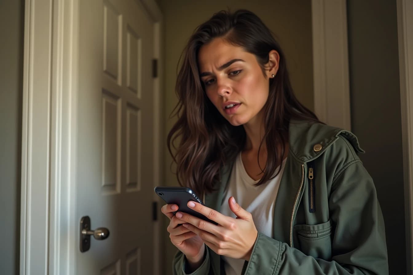 Person holding a jacket and smartphone with a nervous but hopeful expression near a front door