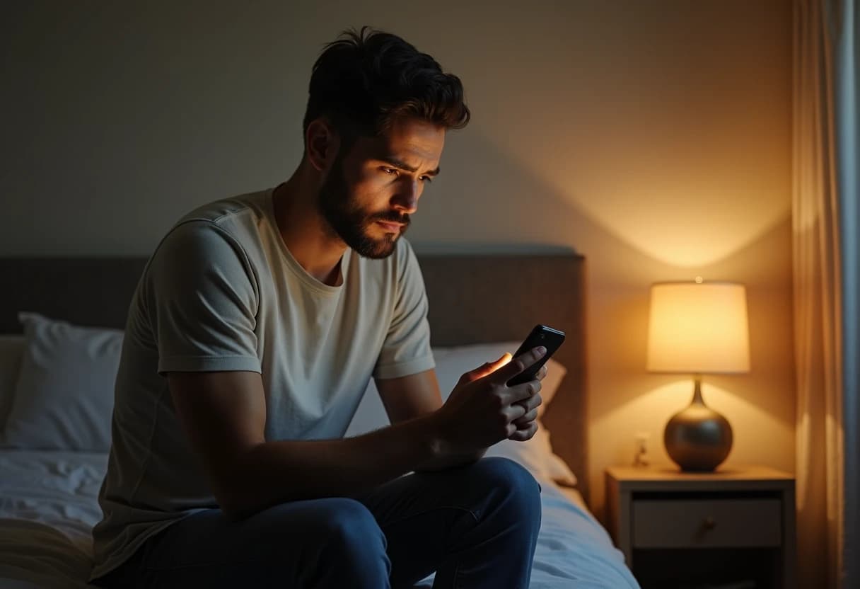 Man sitting on the edge of a bed in a softly lit bedroom looking at his smartphone with a thoughtful expression