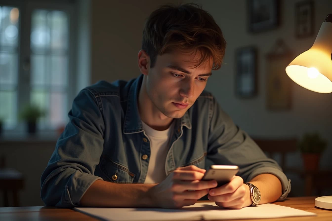 Man sitting at a desk at home typing a message on his smartphone with a focused expression