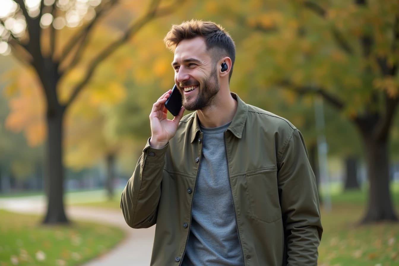 Man walking outdoors wearing wireless earbuds, smiling as if on a voice call