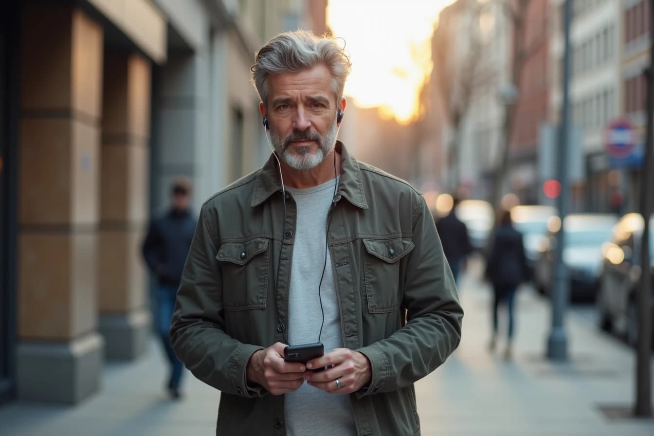 Man listening to a voice message from his companion app while walking