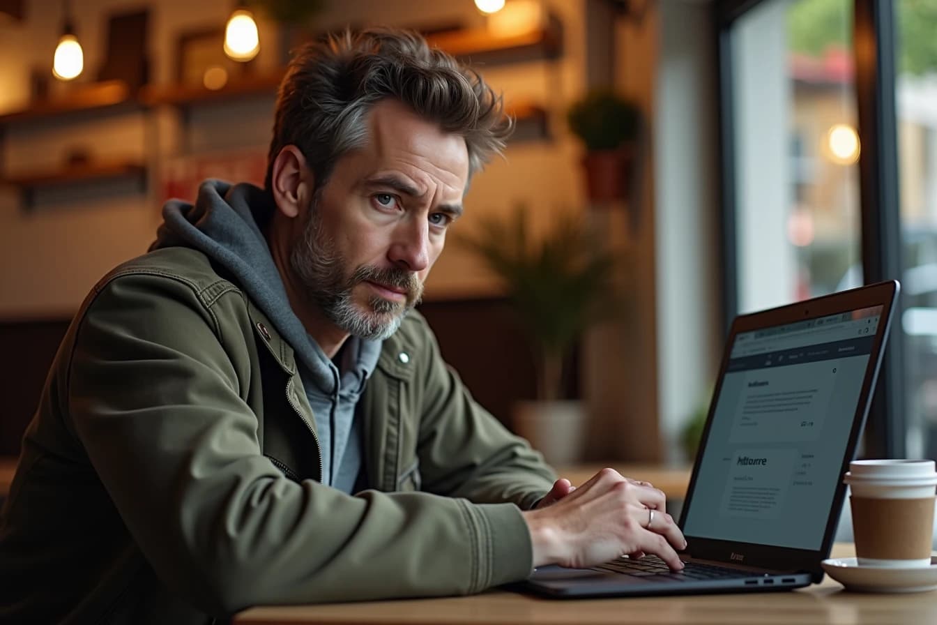Man sitting at a cafe table researching on a laptop with a focused expression