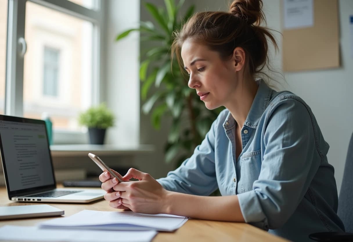 Woman at a desk carefully reviewing an app permissions screen on her smartphone