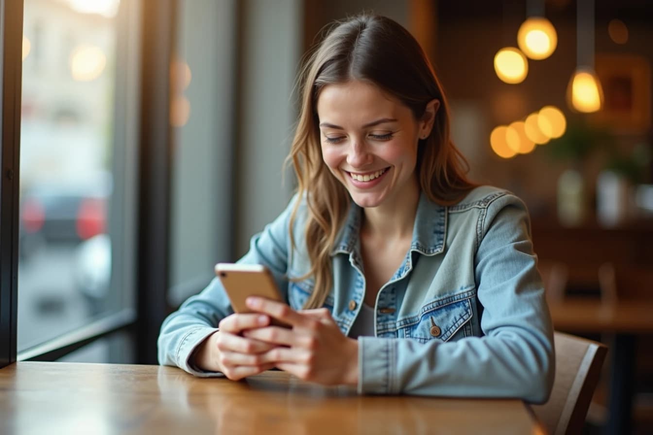 Woman sitting at a cafe table smiling while texting on her smartphone