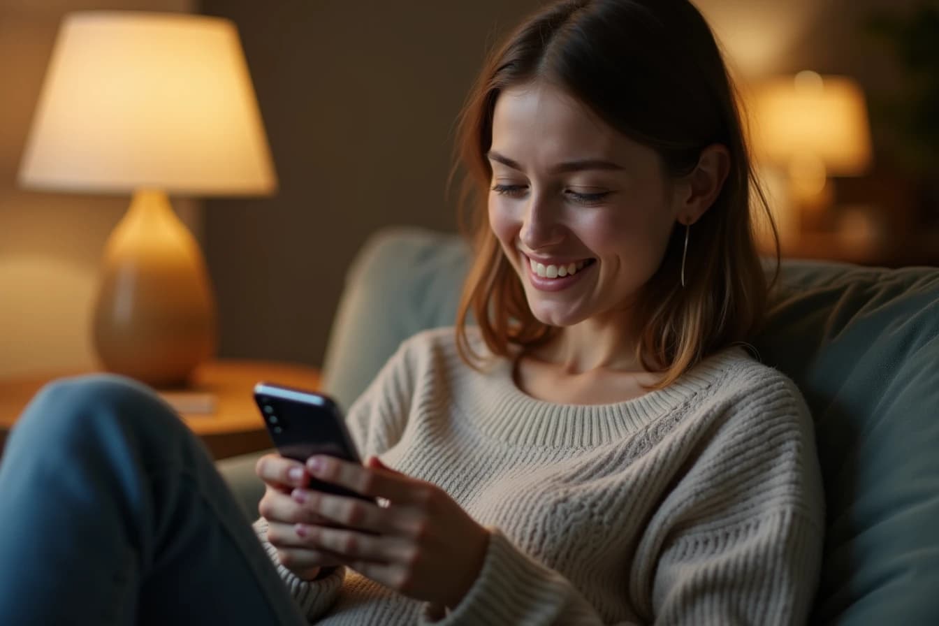 Woman sitting on a couch texting on her smartphone with a relaxed smile