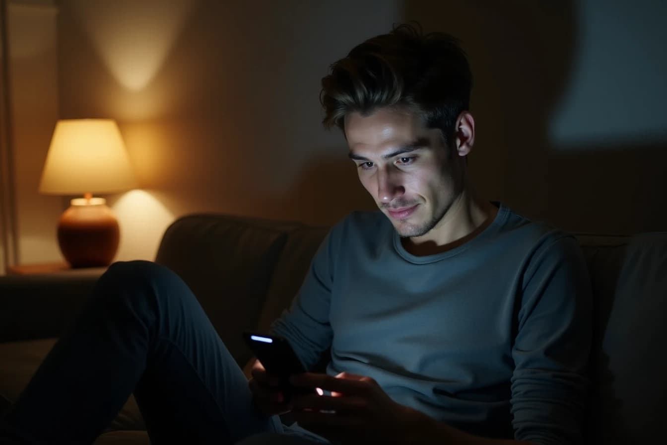 Man sitting alone on a couch in a dim living room looking at his phone with a reflective expression