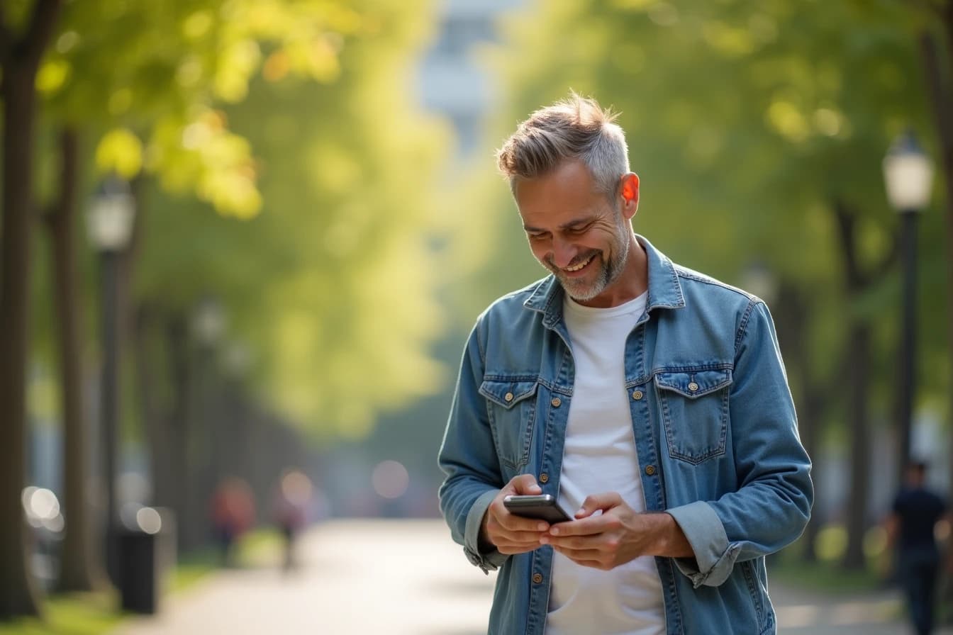 Man walking outdoors using a companion app on his phone