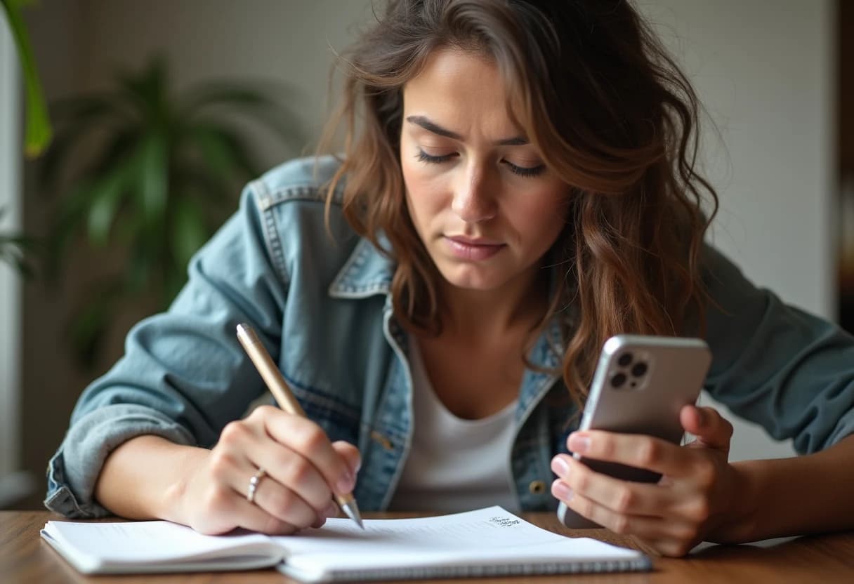 Person thoughtfully weighing handwritten notes against a smartphone at a table