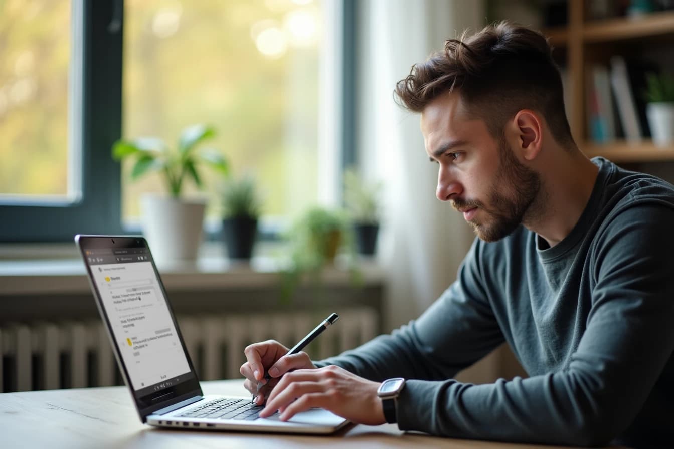 Person typing feedback about an app on a laptop at a desk
