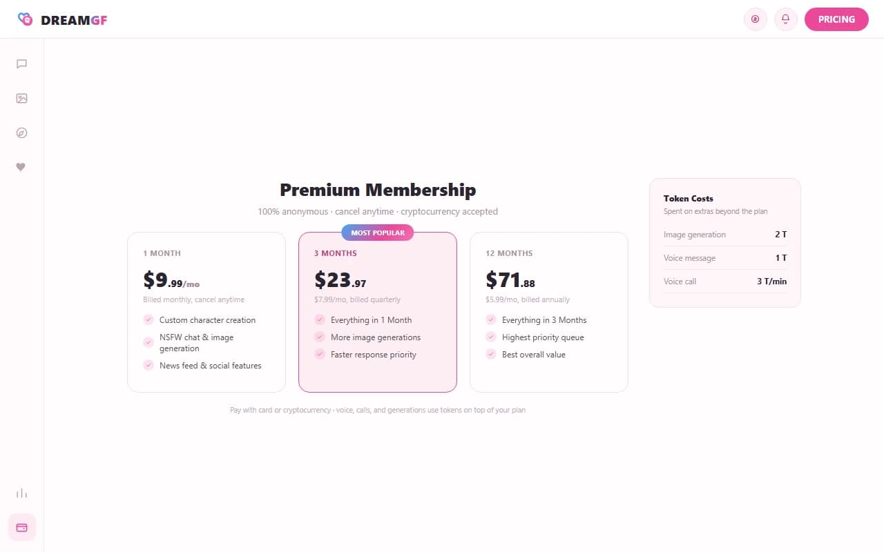 DreamGF subscription pricing plans with monthly, quarterly, and annual options DreamGF subscription pricing plans with monthly, quarterly, and annual options