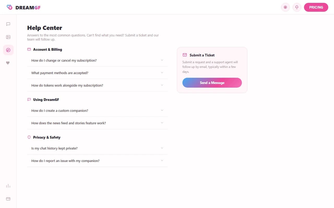 DreamGF help center page with FAQ categories and a support contact form DreamGF help center page with FAQ categories and a support contact form