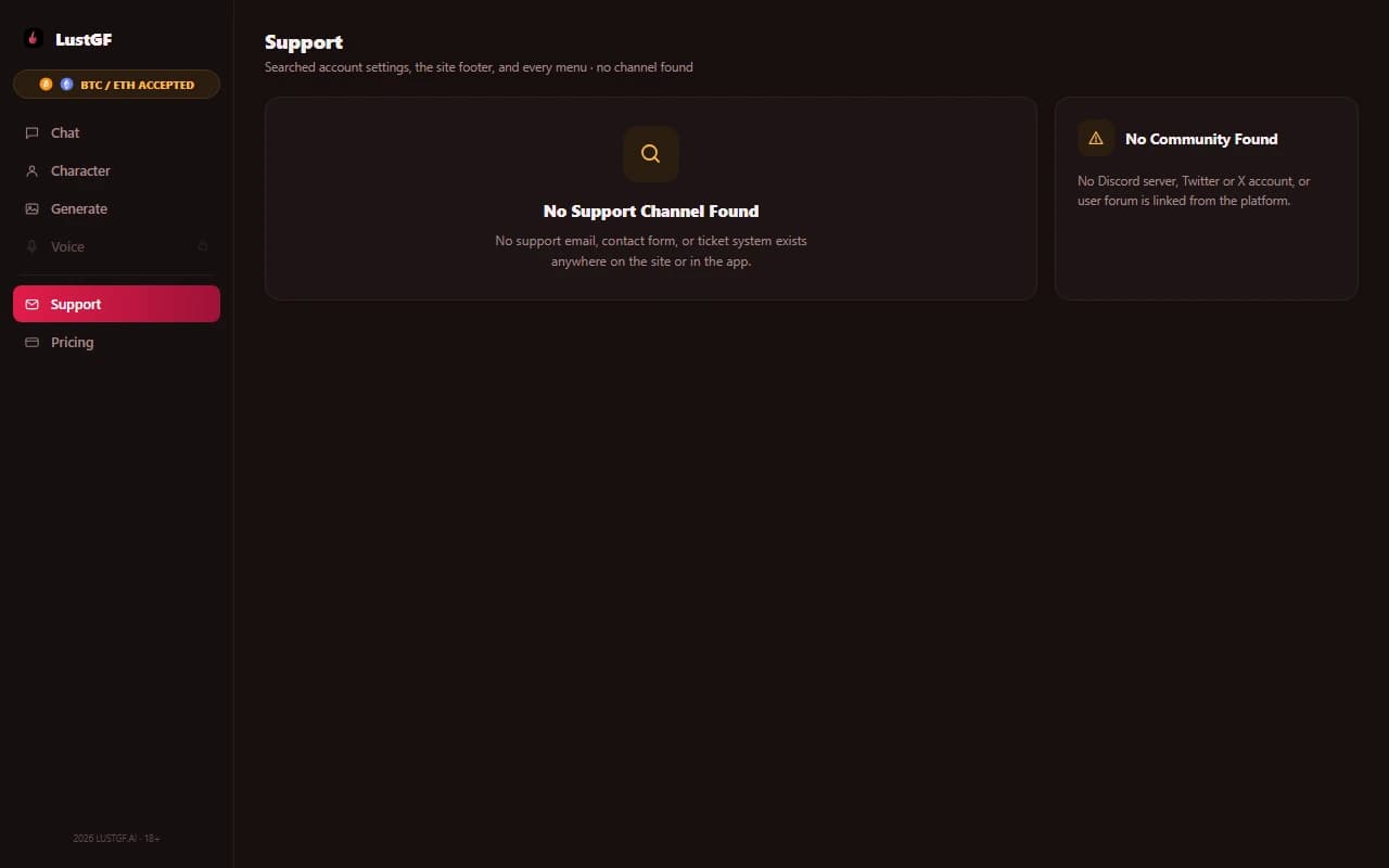 LustGF.ai interface showing no support channel or help center found LustGF.ai interface showing no support channel or help center found