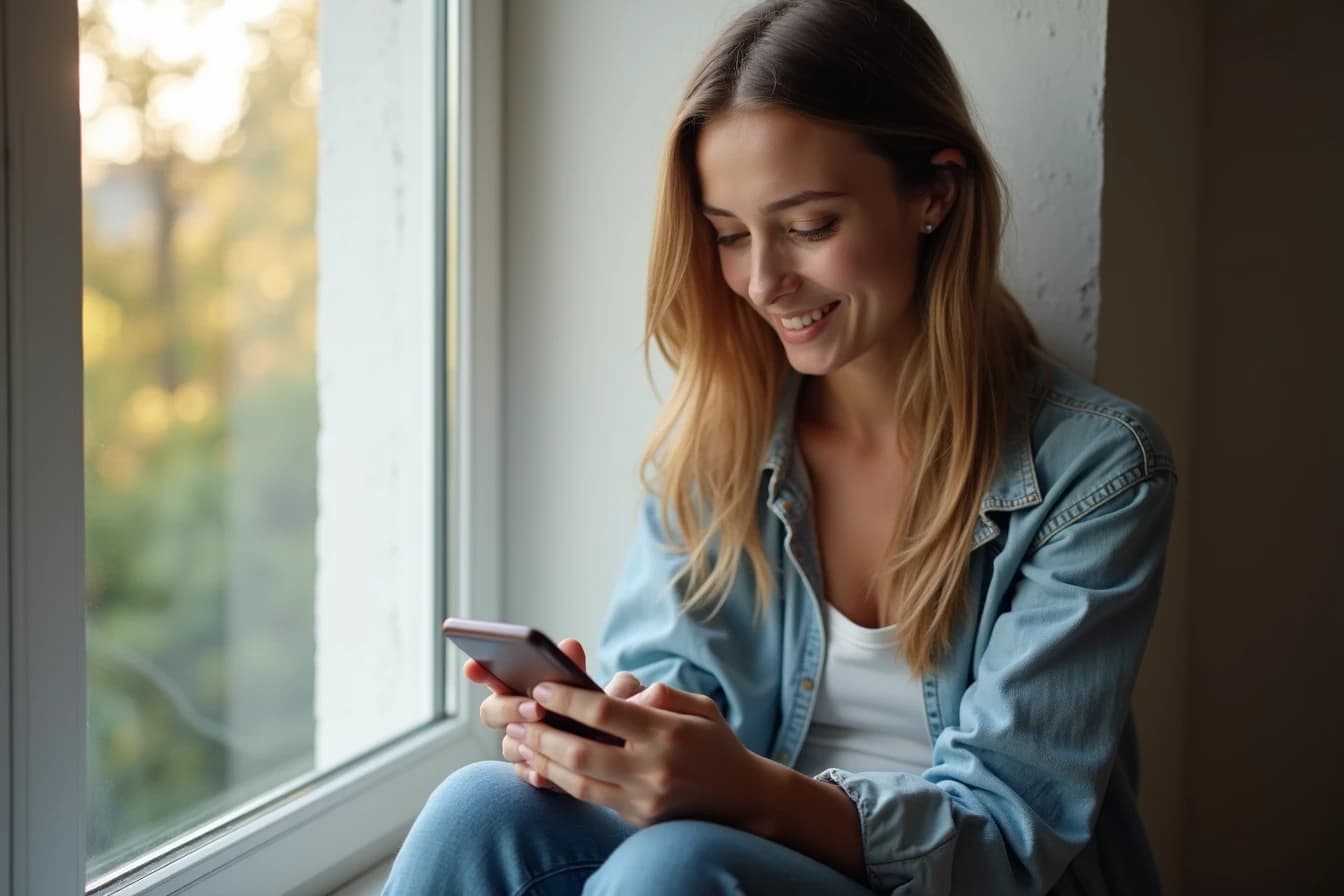 Woman sitting on a windowsill scrolling through app options on her smartphone Woman sitting on a windowsill scrolling through app options on her smartphone