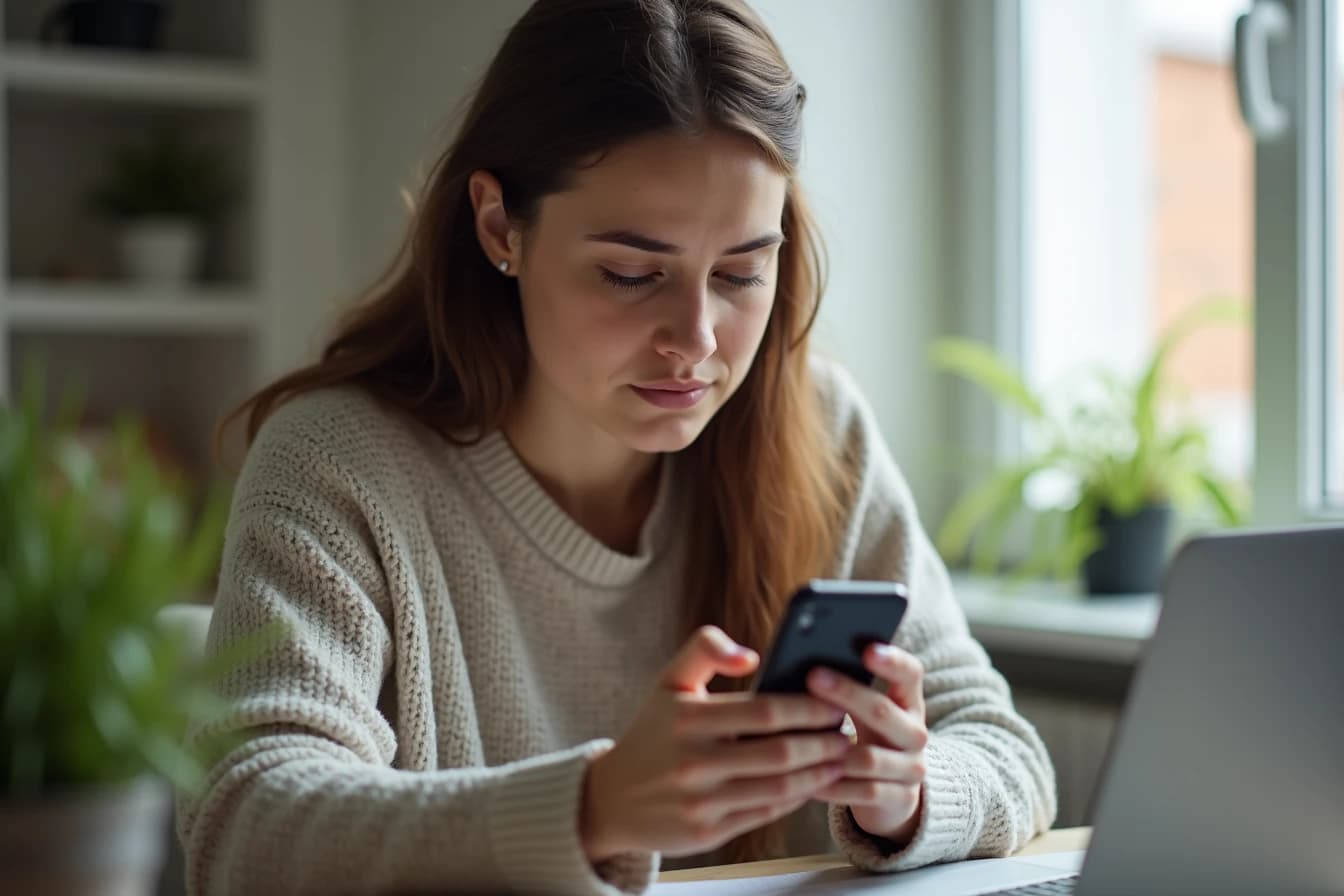 Woman sitting at a home desk scrolling on her smartphone with a slightly disappointed expression Woman sitting at a home desk scrolling on her smartphone with a slightly disappointed expression