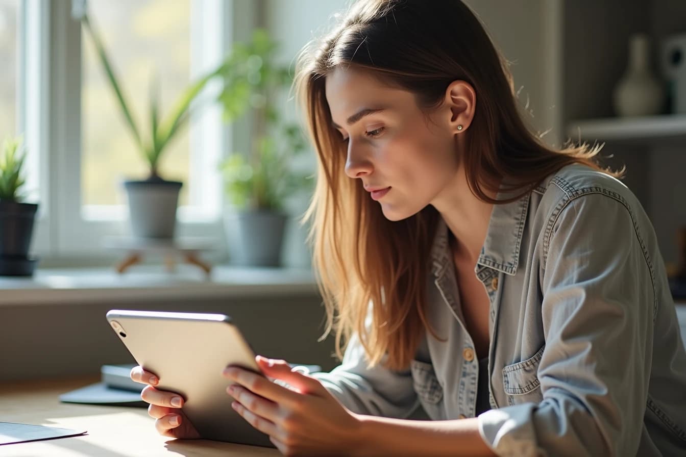 Woman at a home desk comparing a smartphone and a tablet with a focused expression Woman at a home desk comparing a smartphone and a tablet with a focused expression