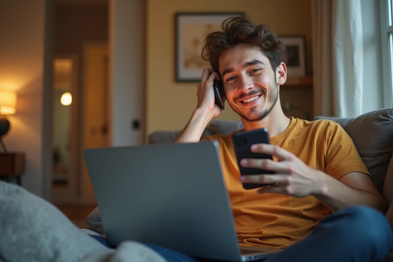 Young man at a laptop and phone signing up for an app in his apartment Young man at a laptop and phone signing up for an app in his apartment