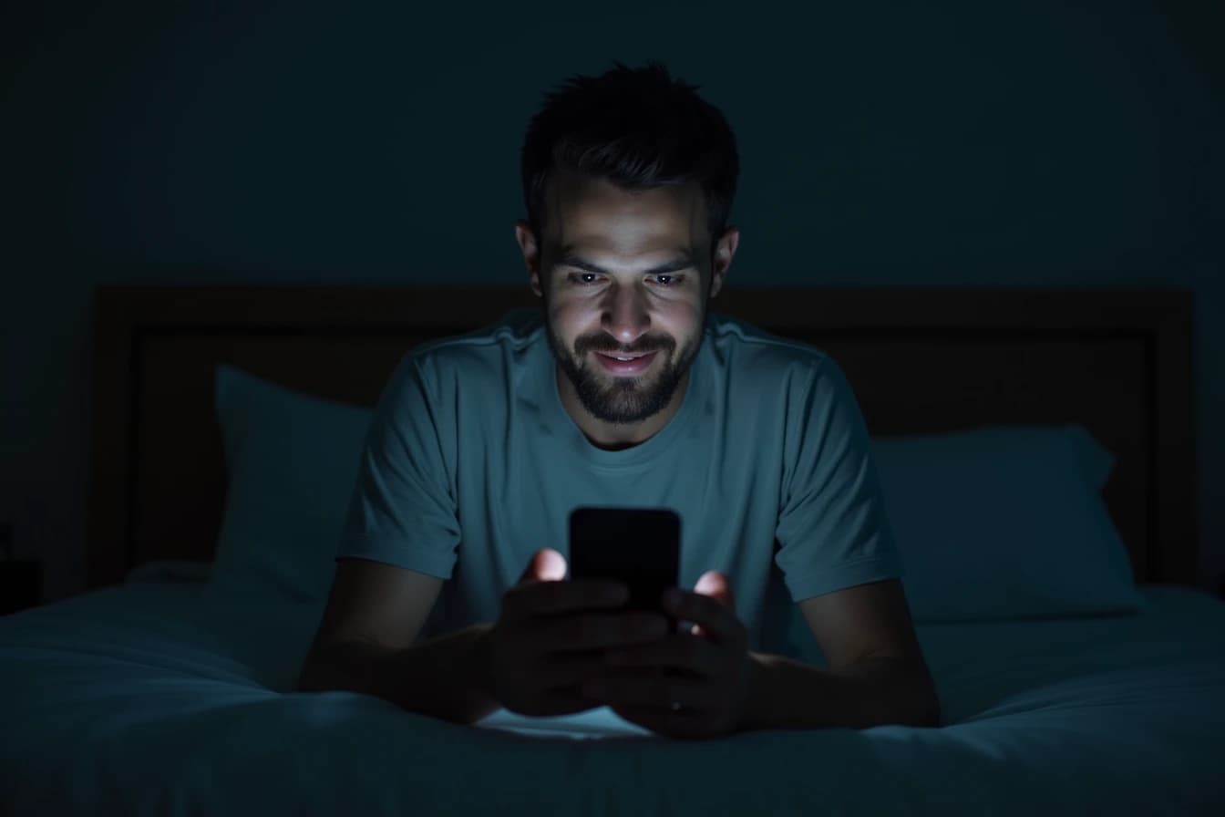 Man sitting on the edge of his bed at night with his phone screen glowing Man sitting on the edge of his bed at night with his phone screen glowing