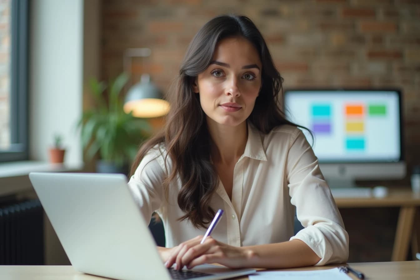 Woman at a home office desk with a laptop open, taking notes while reviewing pricing plans Woman at a home office desk with a laptop open, taking notes while reviewing pricing plans