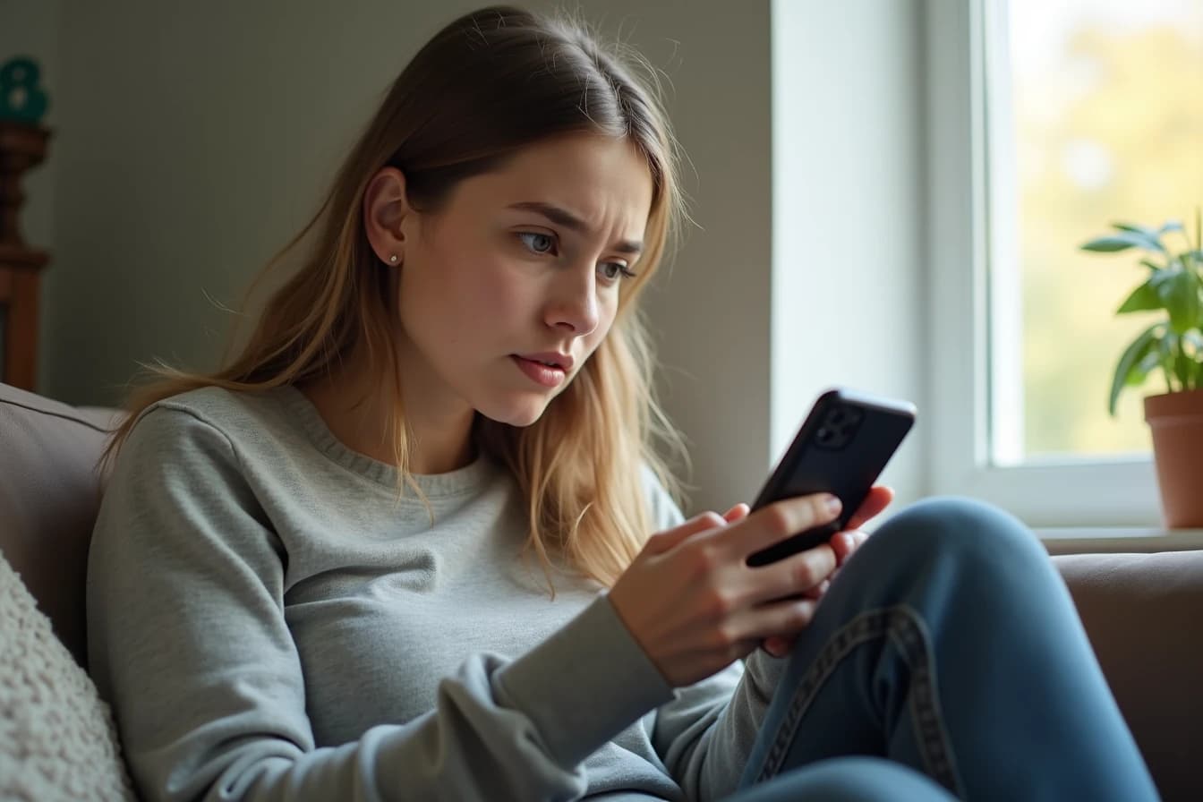 Woman sitting on a couch looking at her smartphone with a concerned searching expression Woman sitting on a couch looking at her smartphone with a concerned searching expression