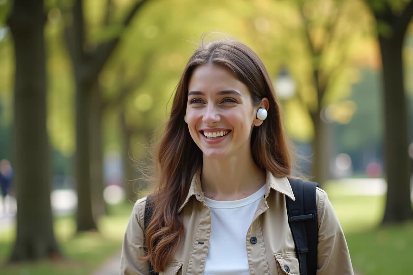 Woman walking outdoors wearing wireless earbuds, smiling as if on a voice call Woman walking outdoors wearing wireless earbuds, smiling as if on a voice call