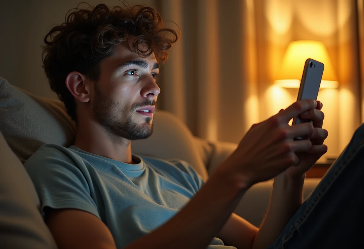 Man on a couch comparing two AI-generated photos side by side on his smartphone
