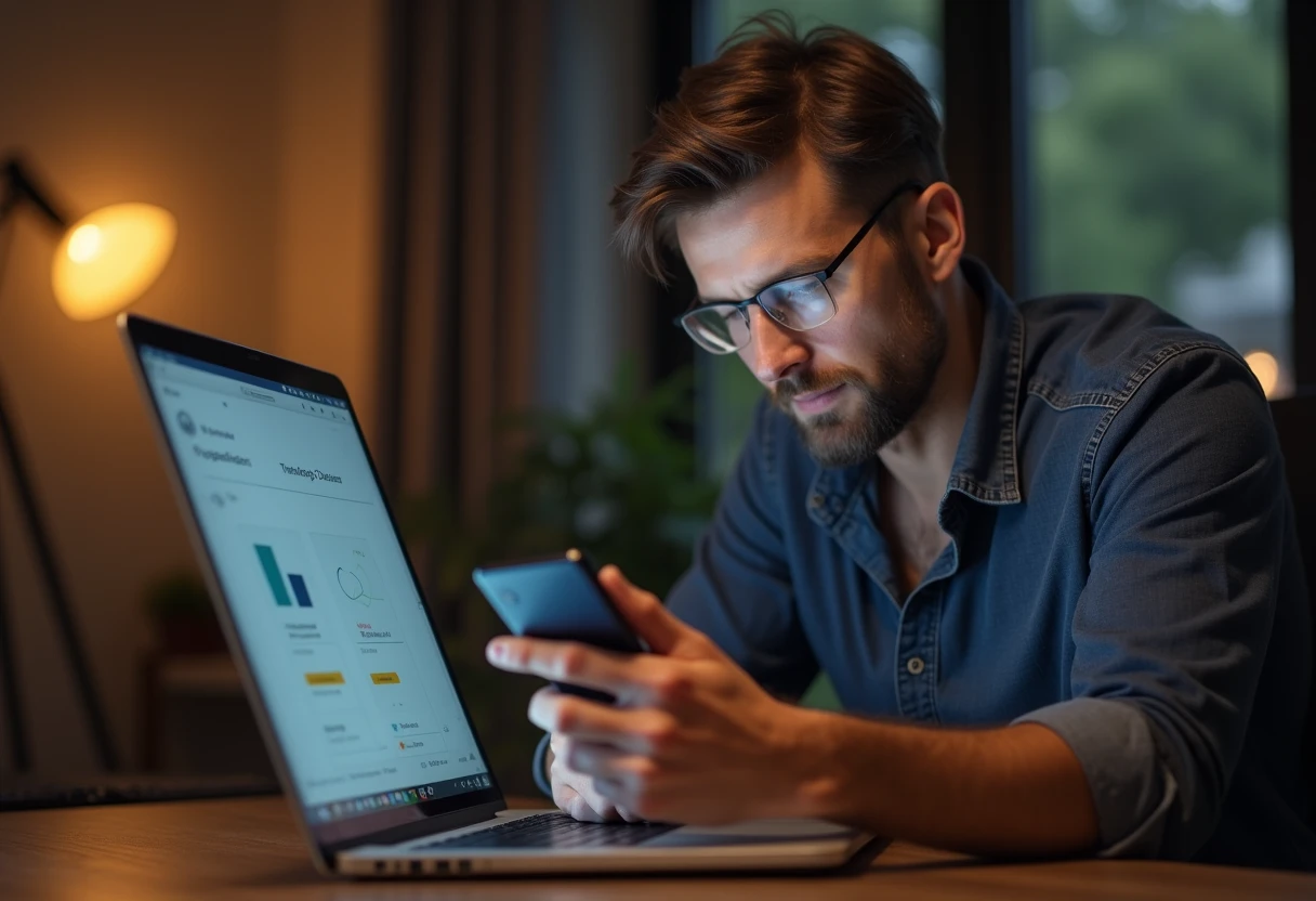 Man reviewing an app interface on his smartphone while sitting at a home desk