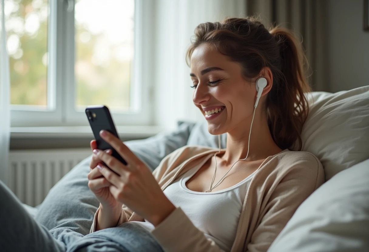 Woman using voice chat with an AI companion app through wireless earbuds