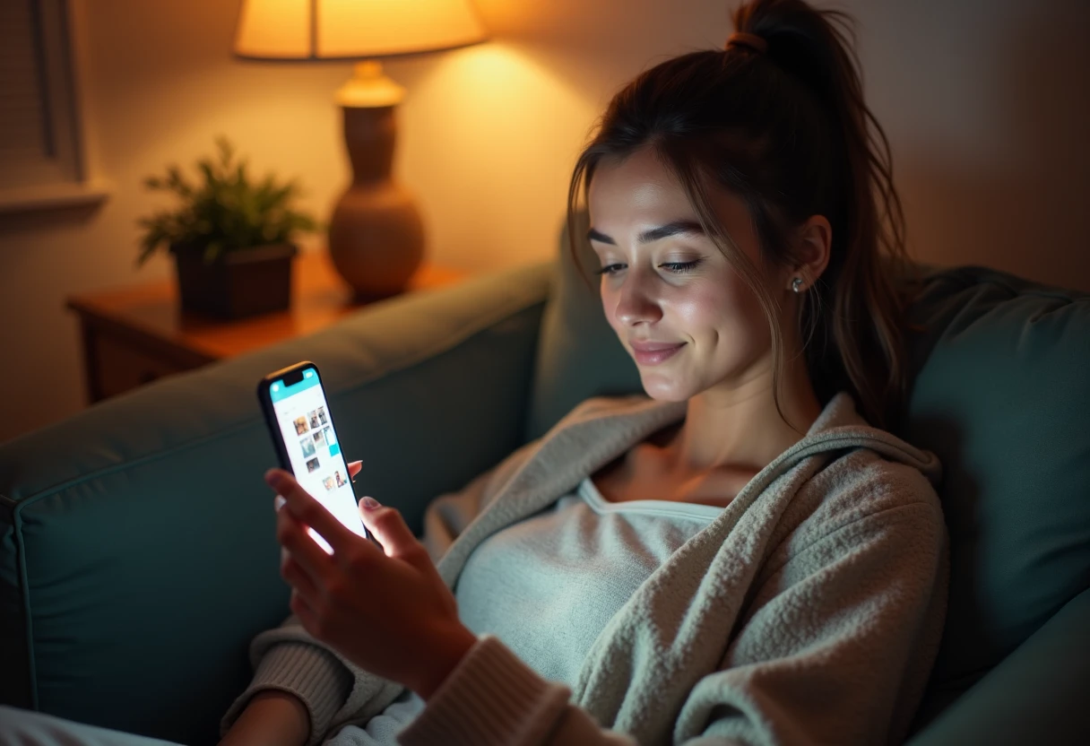 Woman browsing a photo gallery on her smartphone while relaxing at home