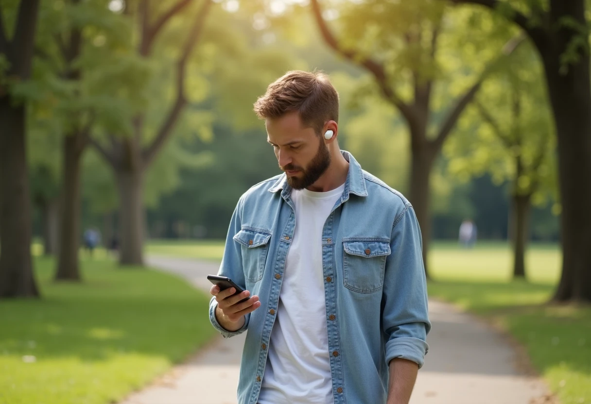Man walking outdoors wearing wireless earbuds while looking at his smartphone