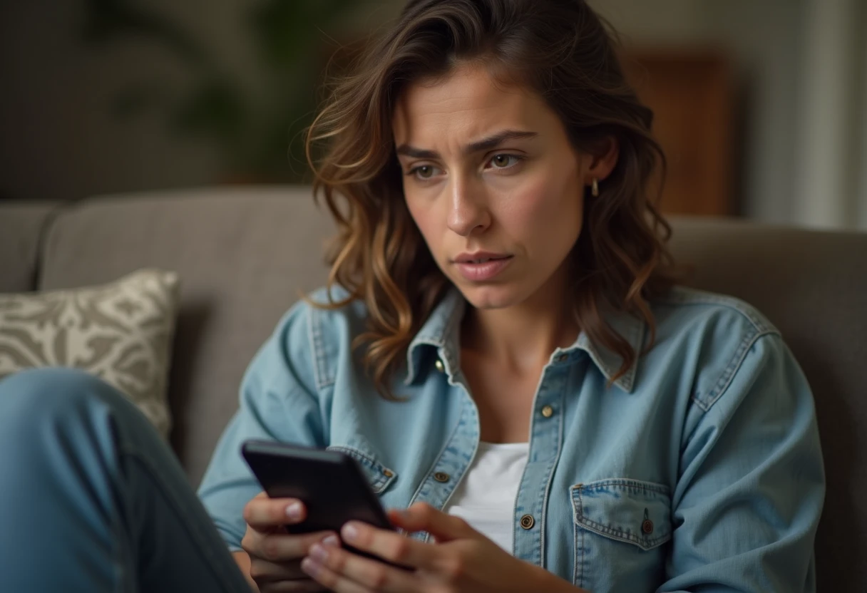 Person looking at a smartphone showing an app error or website unavailable screen with a confused expression