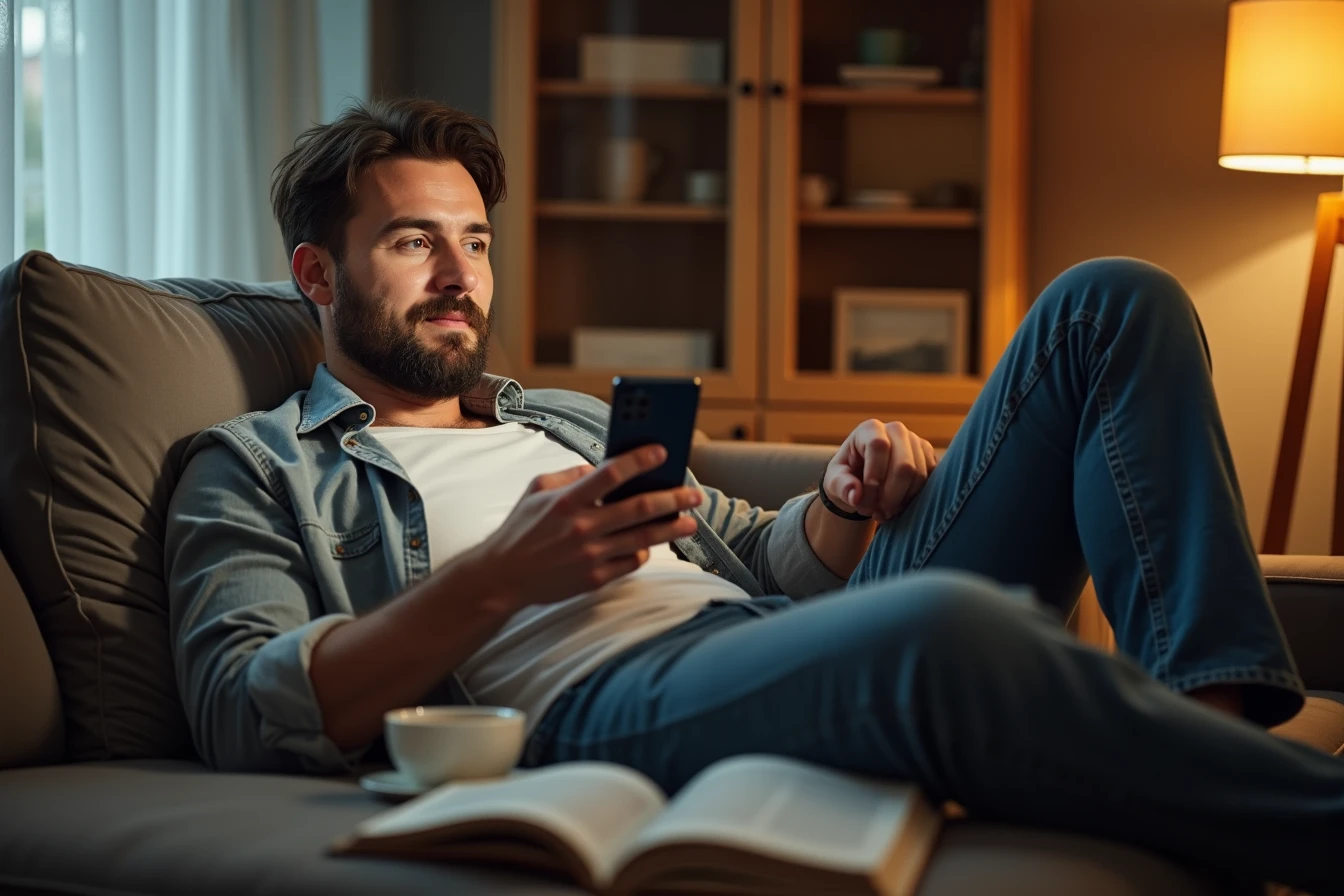Person in their 30s relaxing on a couch with a phone as one part of an otherwise varied evening at home