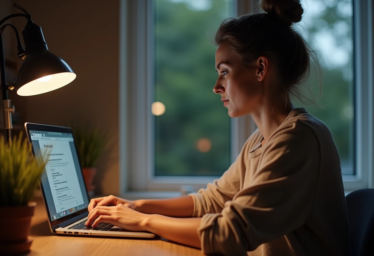 Woman using an AI companion chat platform through a browser tab on her laptop