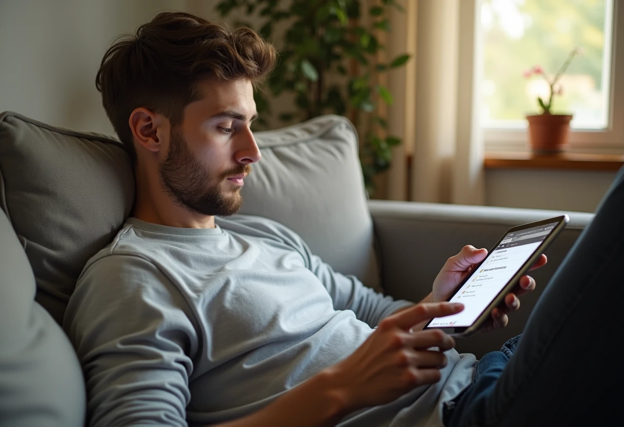 Person browsing different app category options on a tablet while relaxing on a couch